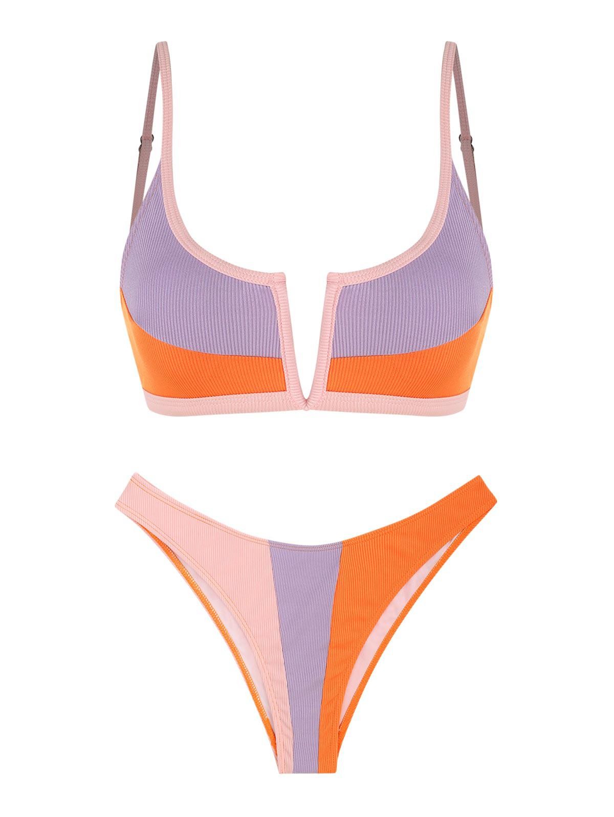 Zaful Ribbed Colorblock V Wired High Leg Bikini Swimwear M Meilleures