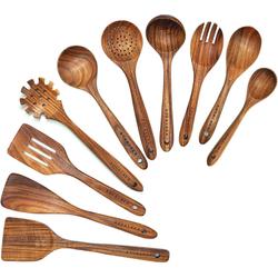 BOKALAKA Wooden Spoons for cooking,10 Pcs Natural Teak Wooden Kitchen Utensils Set Wooden Utensils for cooking Wooden cooking Utensils Wo
