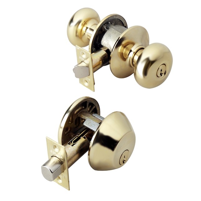 Schlage Plymouth Bright Brass Keyed Entry Door Knob Combo Pack in Gold