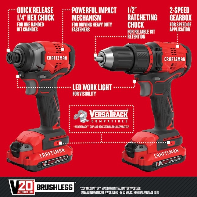 CRAFTSMAN V20 4Tool 20volt Max Brushless Power Tool Combo Kit with