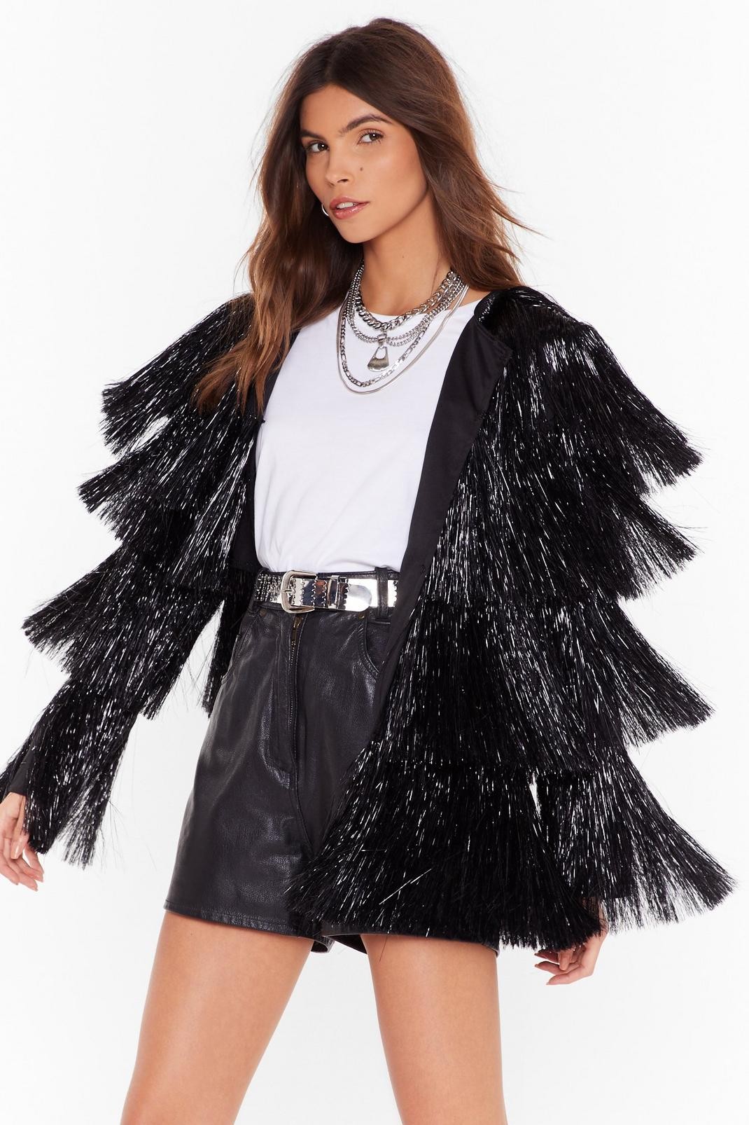 Metallic Open Front Tiered Tinsel Fringe Jacket melhores ofertas e