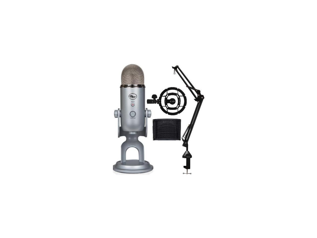 Blue Yeti Microphone (Silver) with Boom Arm Stand, Shock Mount and
