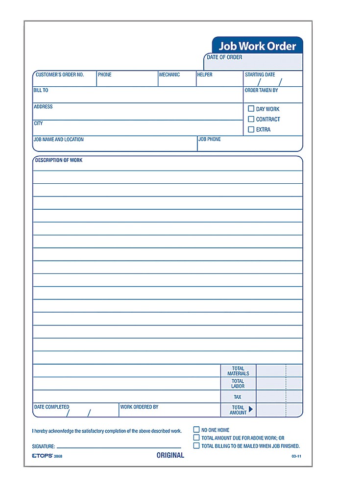 Jobber Work Order TOPS® Triplicate Carbonless Job Work Orders, 5 1/2