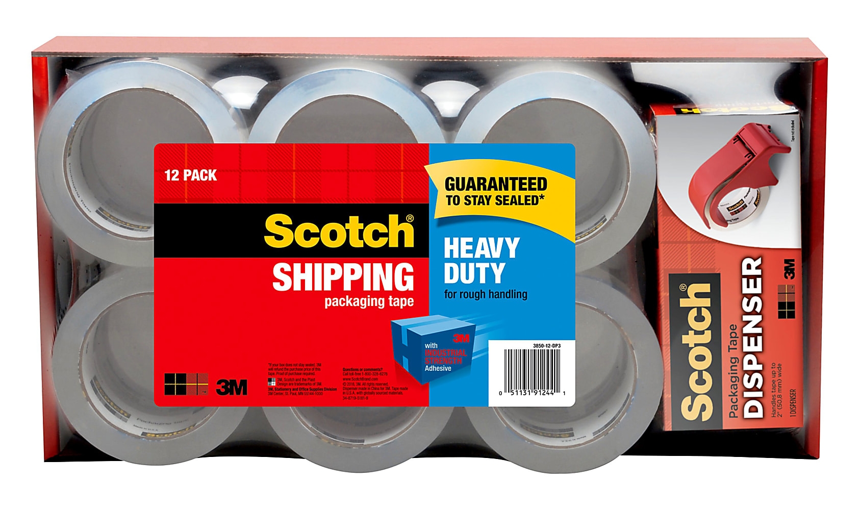 Scotch HeavyDuty Shipping Packing Tape With Dispenser, 17/8"" x 54.6