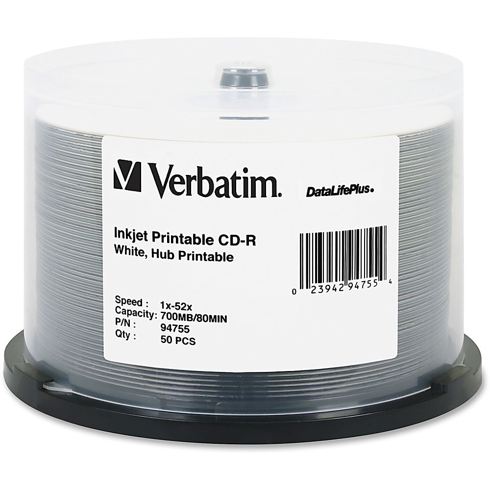 Verbatim DataLifePlus 700MB 52x Printable CD-R Discs, White, Pack Of 50 ...