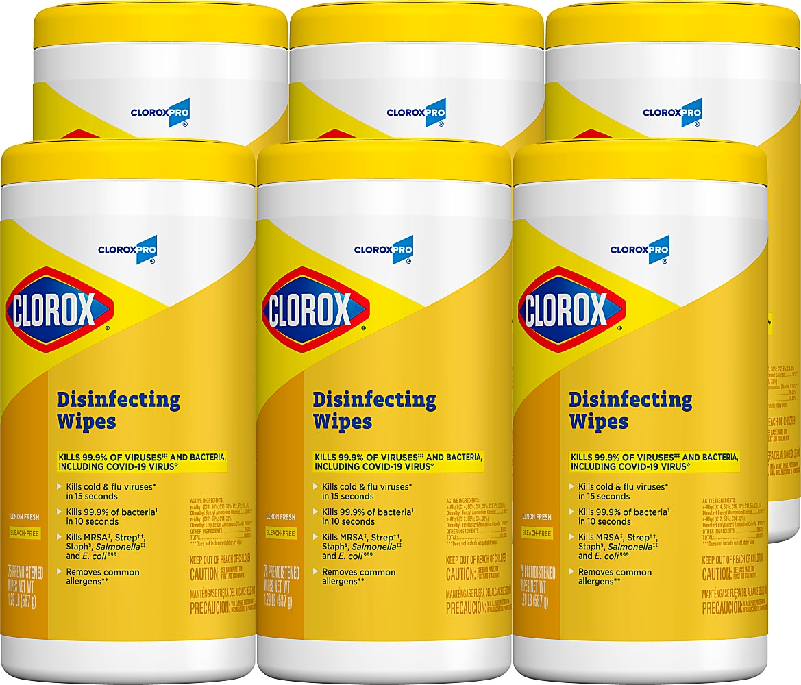 Clorox® Disinfecting Wipes, 7"" x 8"", Lemon Scent, 75 Wipes Per Tub