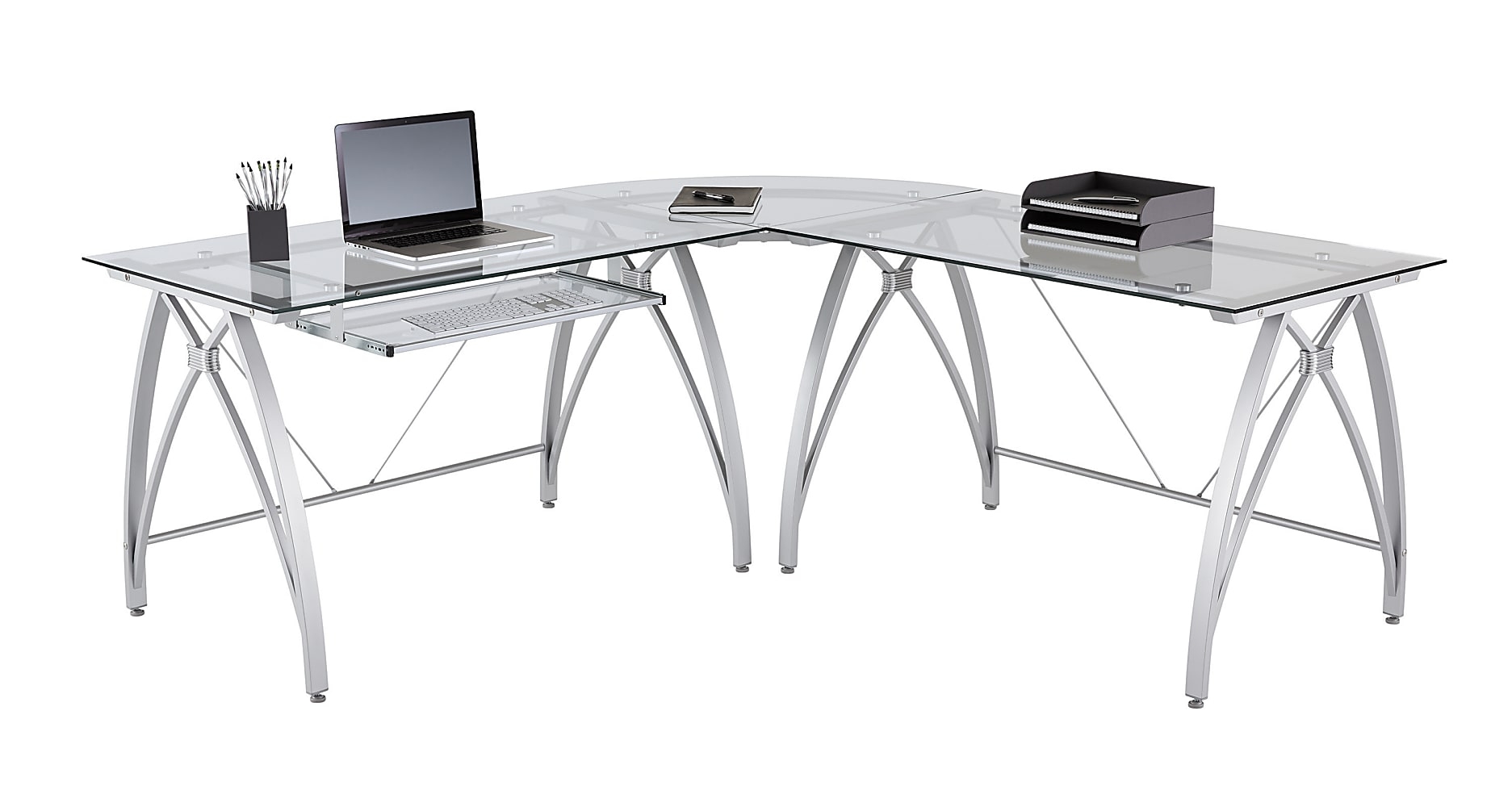 Realspace® Vista Glass 76"W LShape Corner Desk, Silver Die besten
