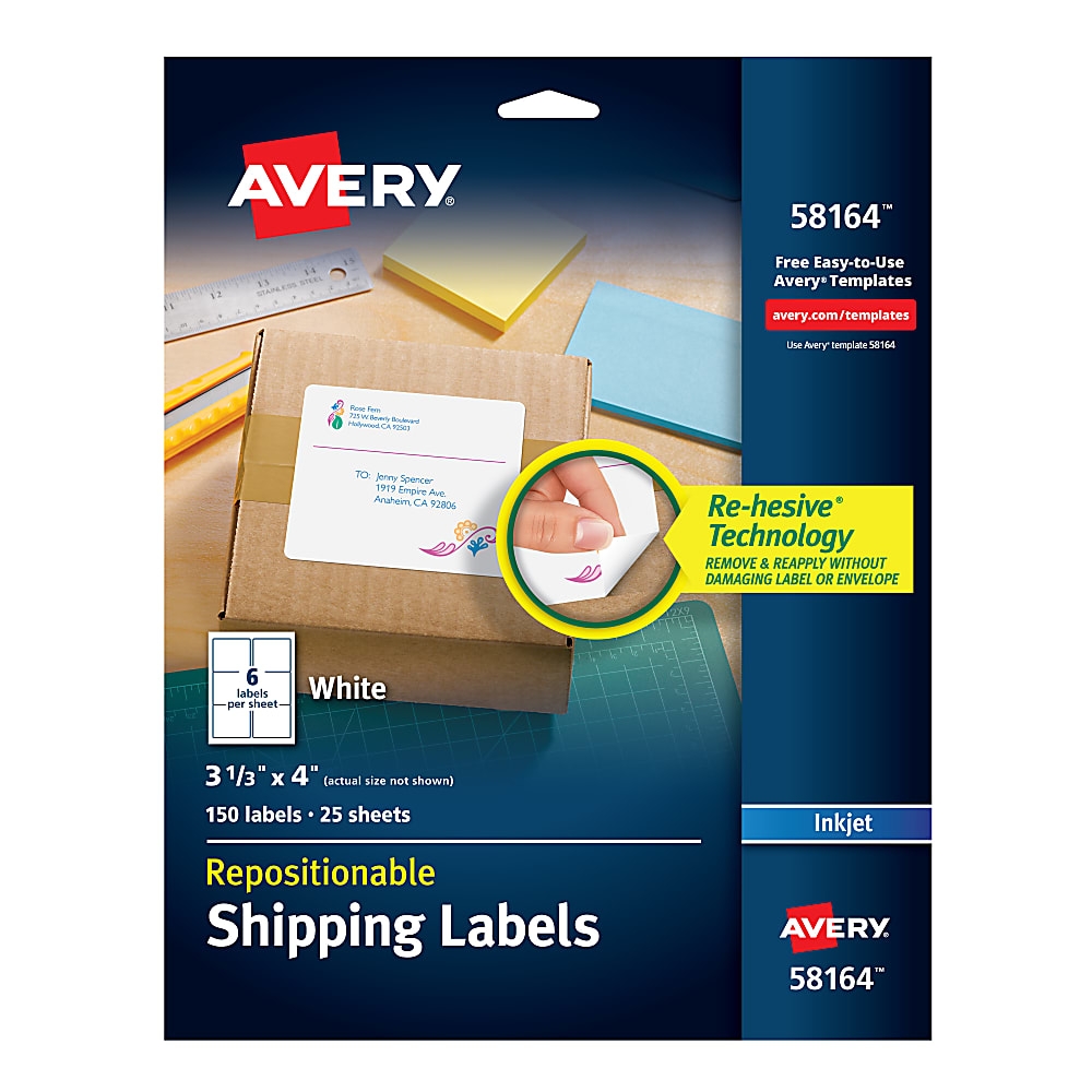 Avery® Repositionable Inkjet Shipping Labels, 3 1/3" x 4", White, Pack ...