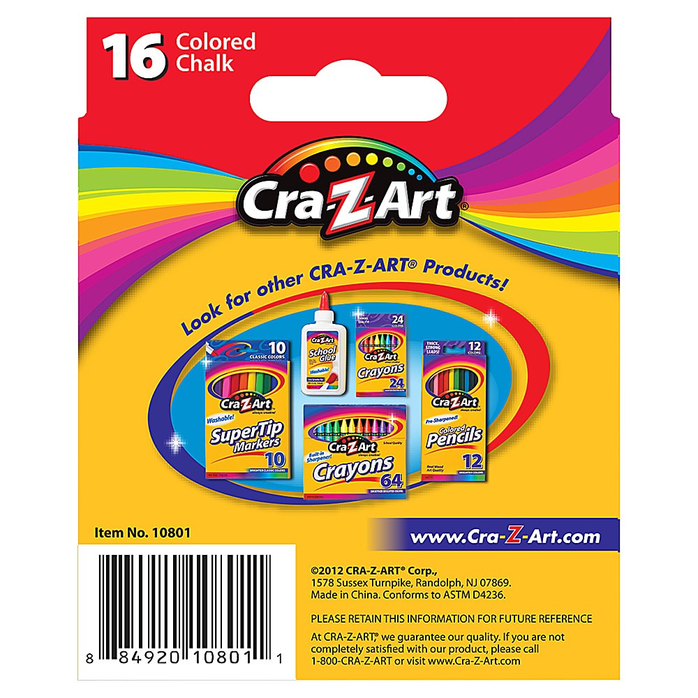 CraZArt Classic Colored Chalk, Assorted Colors, Pack Of 16 Pieces
