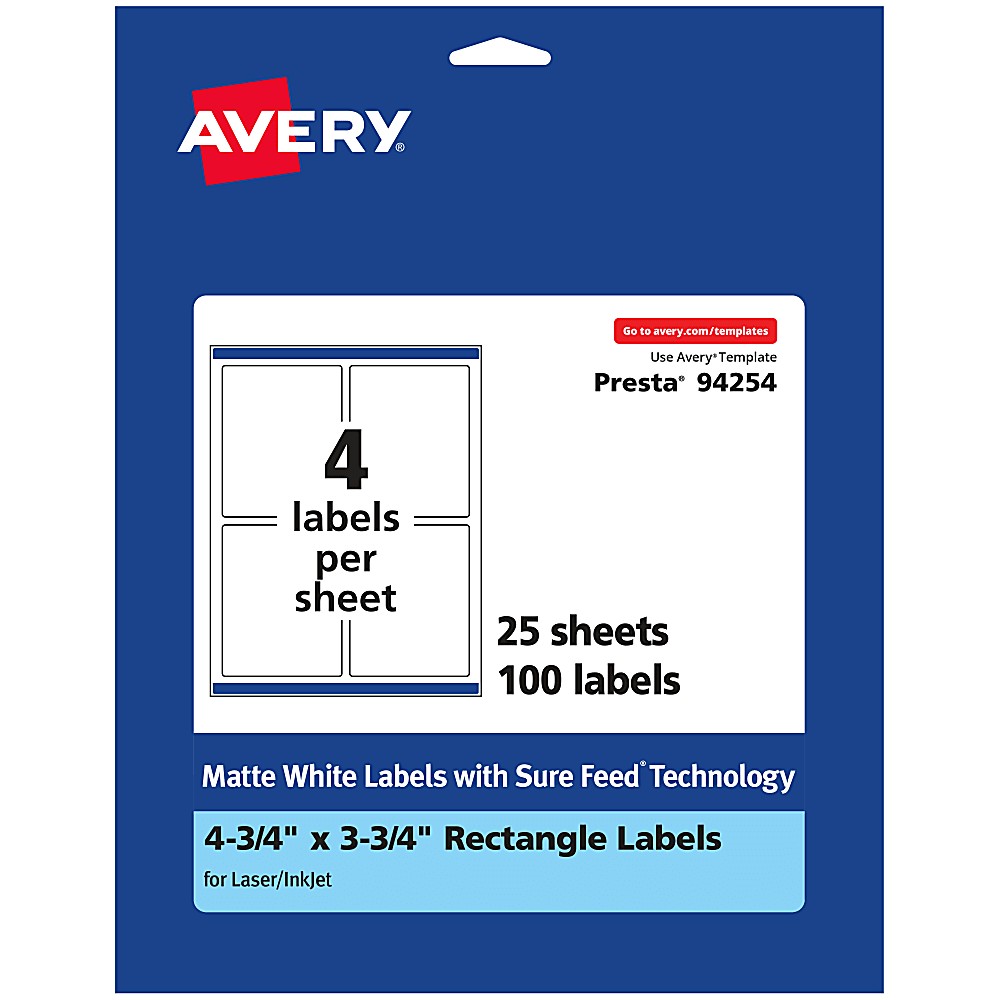 Regular Label Avery® Permanent Labels With Sure Feed®, 94254-WMP25, Rectangle, 4-3/4 ...