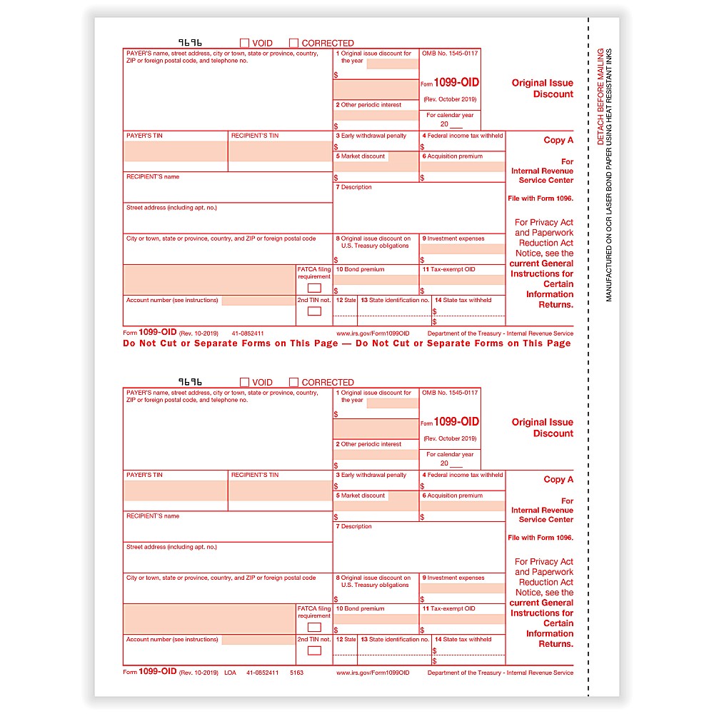 ComplyRight 1099OID Tax Forms, 2Up, Federal Copy A, Laser, 81/2"" x