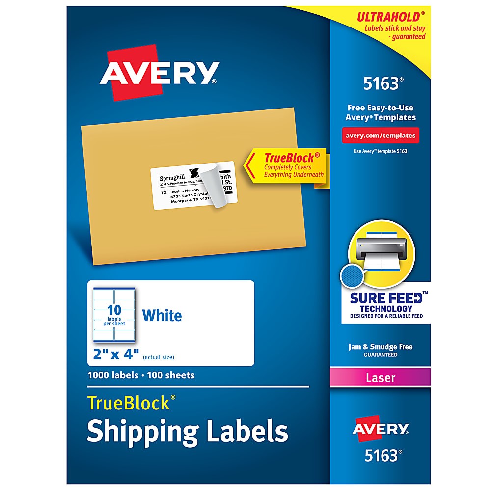 Avery® TrueBlock® Shipping Labels With Sure Feed® Technology, 5163 ...