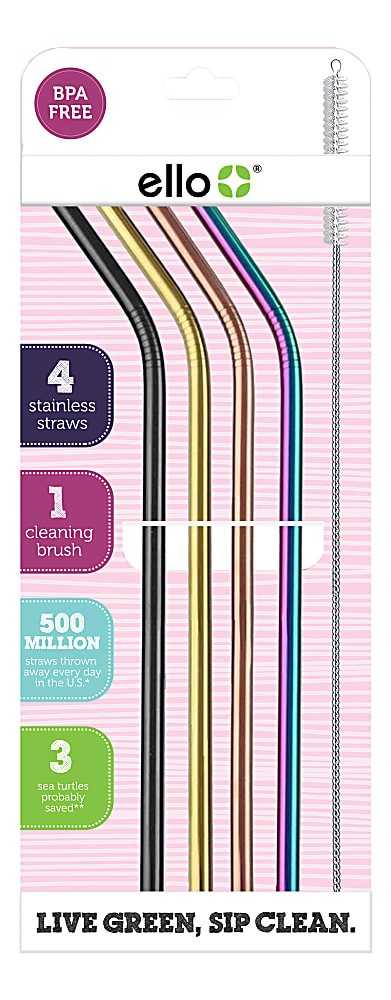 Ello Stainless-Steel Straws With Wire Brush, Metallics, Pack Of 4 ...