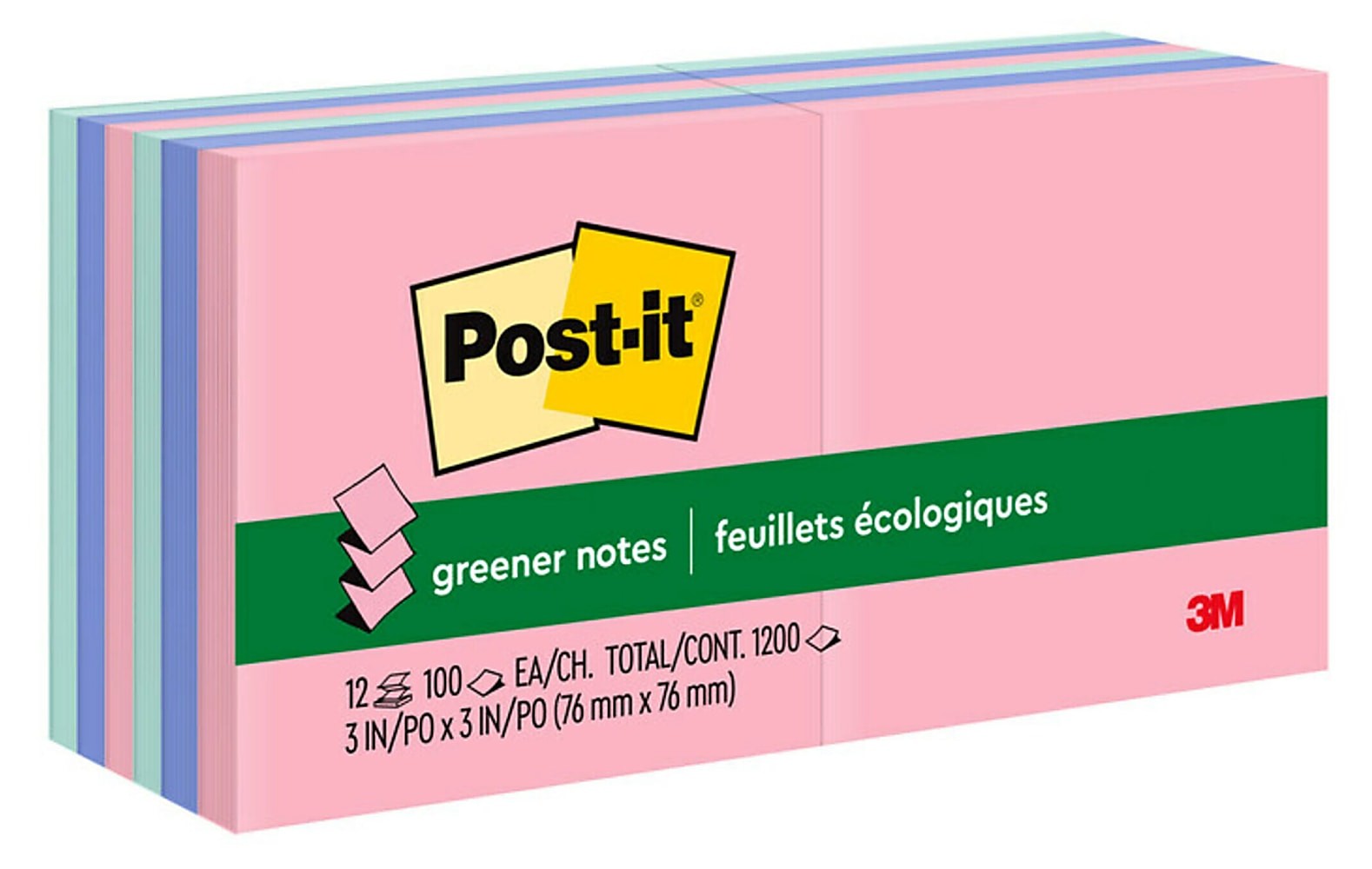 Post-it Greener Pop Up Notes, 3 in x 3 in, 12 Pads, 100 Sheets/Pad