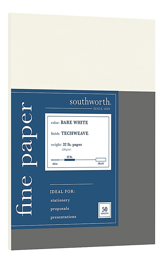 Southworth 100% Cotton Resume Paper, 32 lbs., 8-1/2 x 11, Ivory, Wove, 100/Box