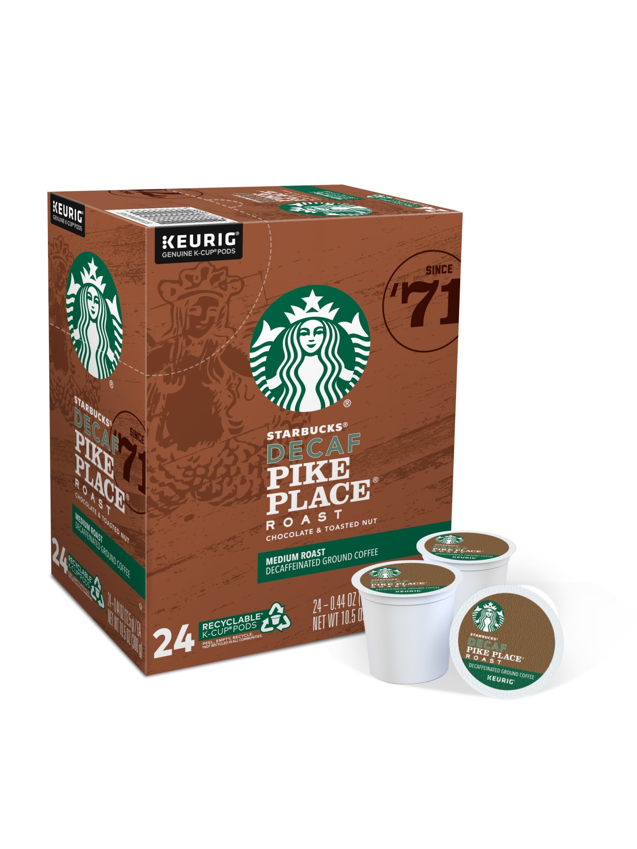 Starbucks Pike Place SingleServe Coffee KCup, Decaffeinated, Carton