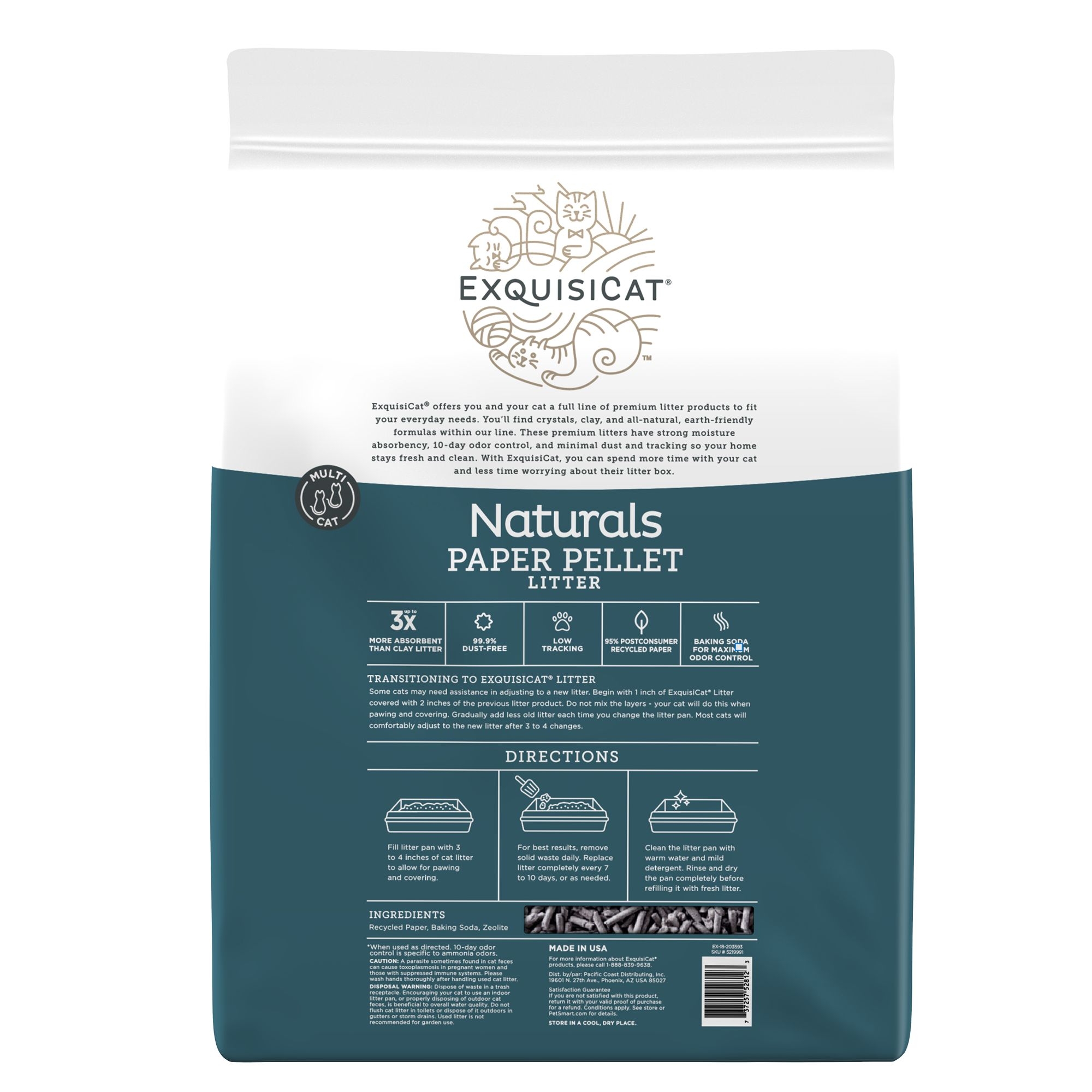 ExquisiCat Naturals MultiCat Paper Pellet Cat Litter Unscented, Low