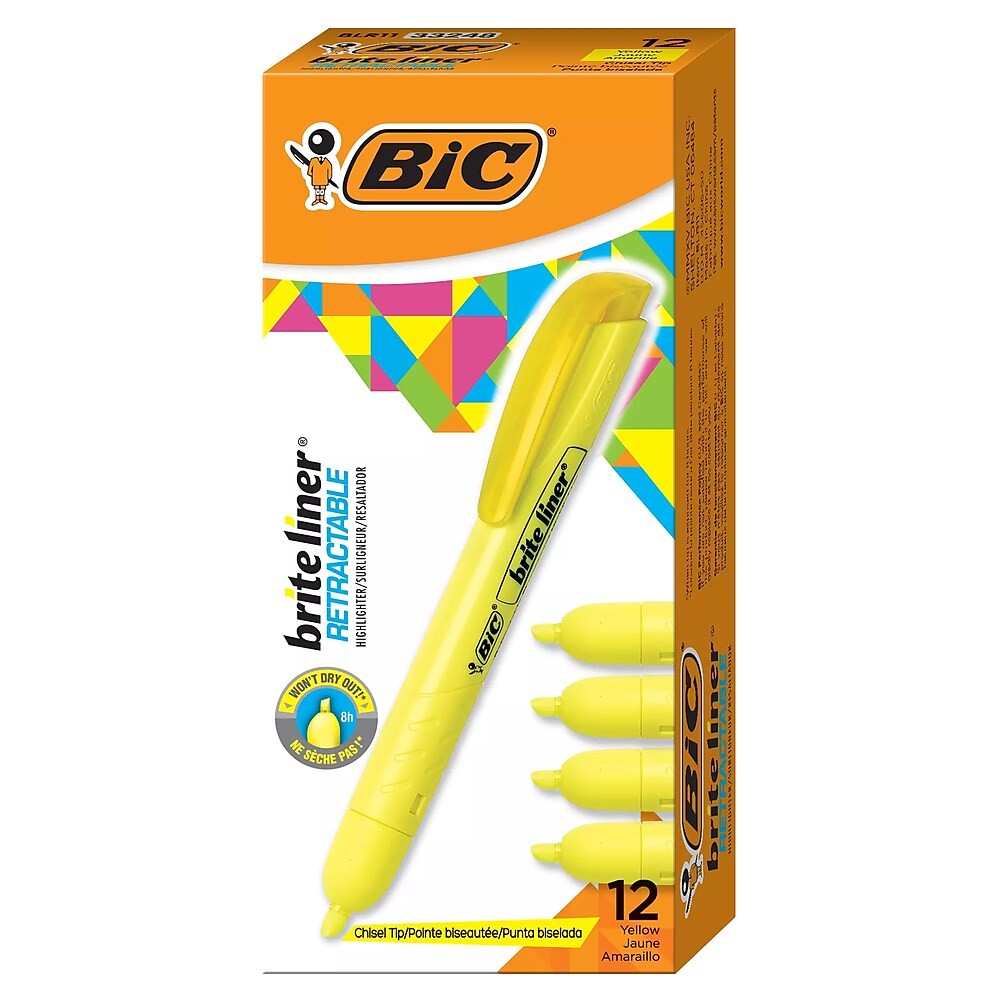 BIC Brite Liner Retractable Highlighter with Grip, Chisel Tip, Yellow