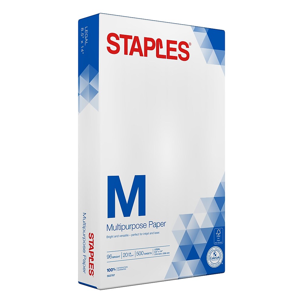 Staples 8.5"" x 14"" Multipurpose Paper, 20 lbs., 96 Brightness, 500