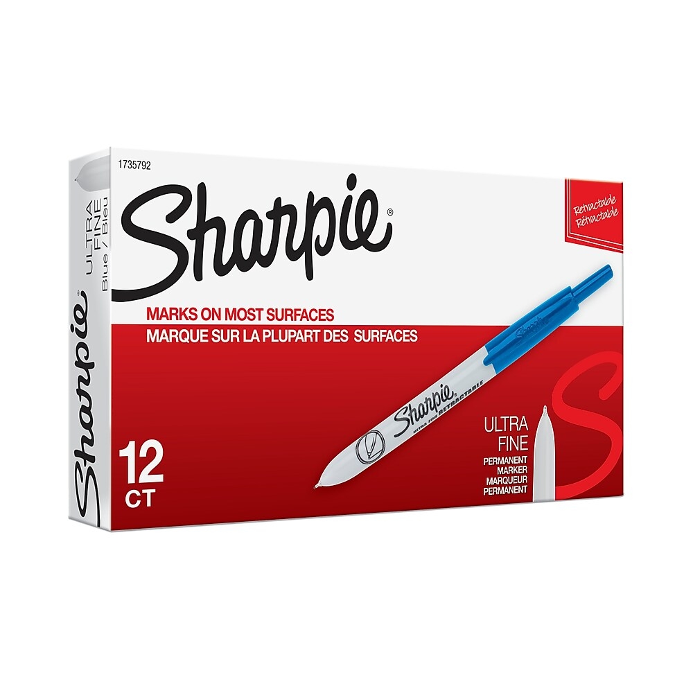 Sharpie Retractable Permanent Markers, Ultra Fine Tip, Blue, 12/Pack