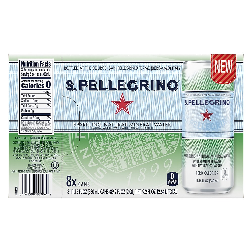 S.Pellegrino Sparkling Natural Mineral Water, 11.15 Fl oz. Cans (8 Count), 8/Pack (12394227