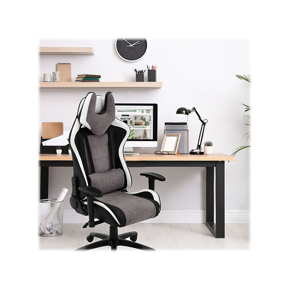 Hanover Commando Fabric Ergonomic Racing Gaming Chair, Black/Gray/White