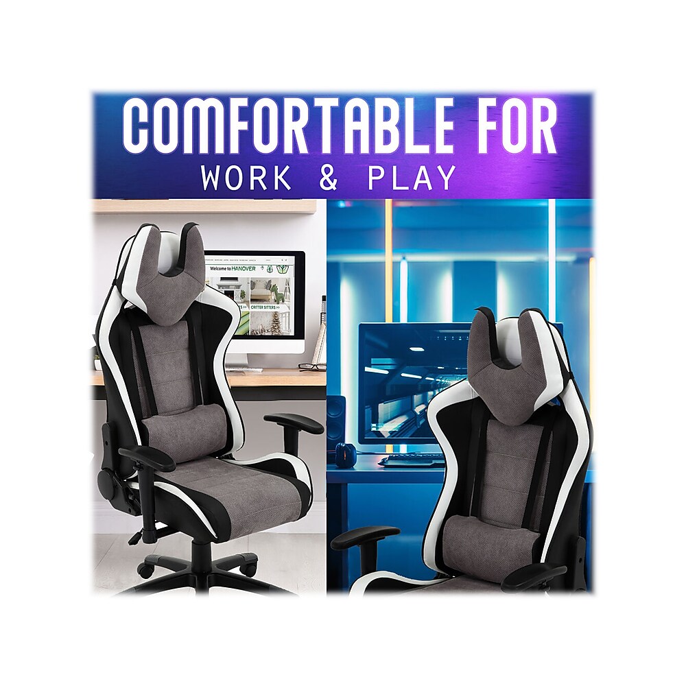 Hanover Commando Fabric Ergonomic Racing Gaming Chair, Black/Gray/White