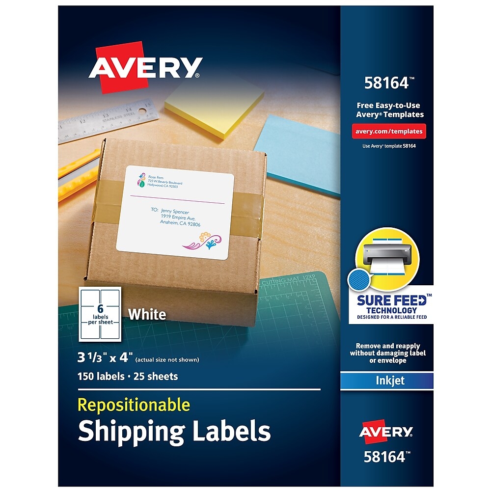 Avery Repositionable Inkjet Shipping Labels, 3-1/3