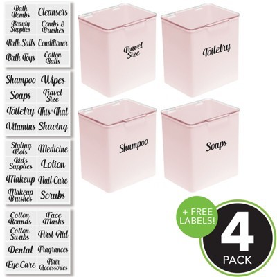 mDesign Stackable Plastic Bathroom Organizer Box, 4 Pack + 32 Labels - Pink