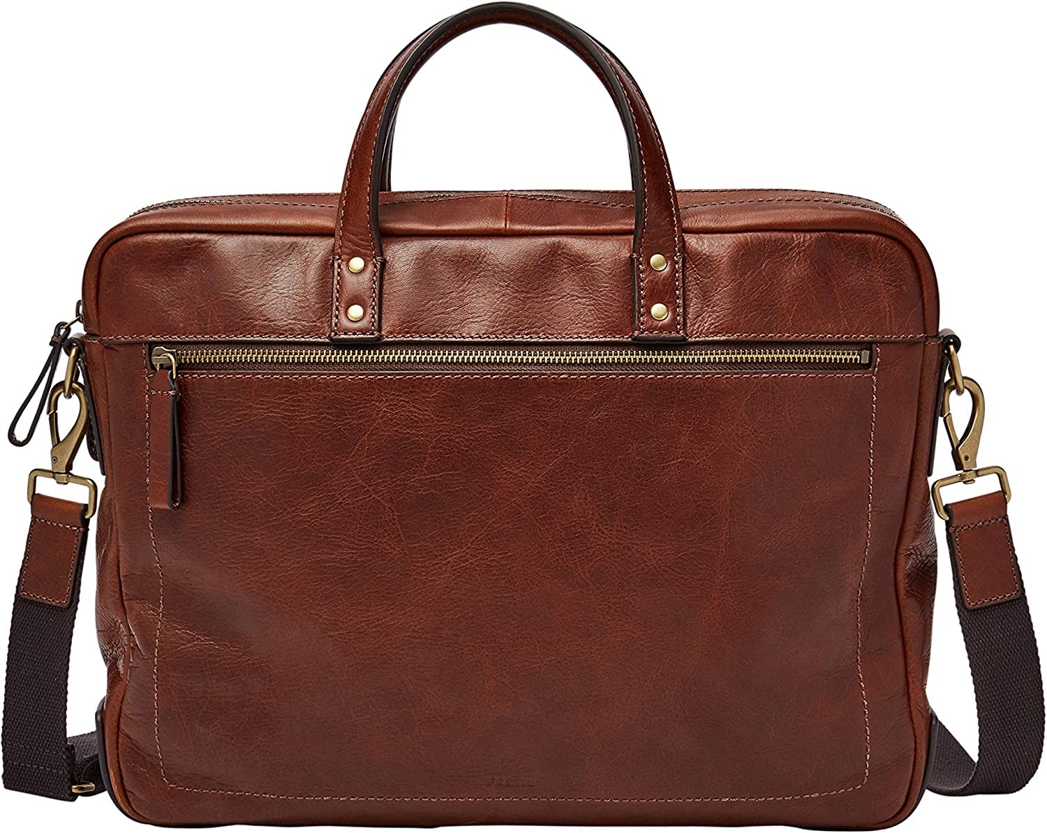 Fossil Men's Haskell Leather Double Zip Briefcase Messenger Laptop Bag, Cognac , (Model