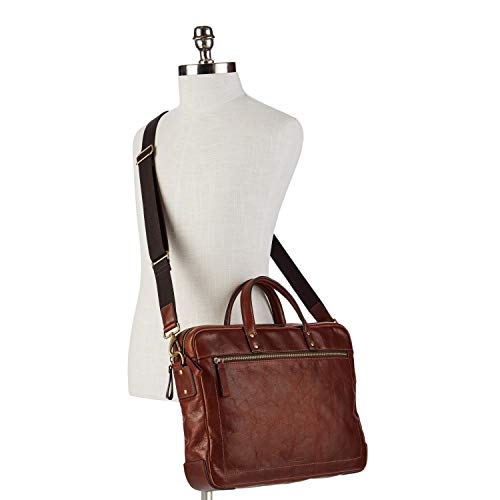 Fossil Men's Haskell Leather Double Zip Briefcase Messenger Laptop Bag, Cognac , (Model