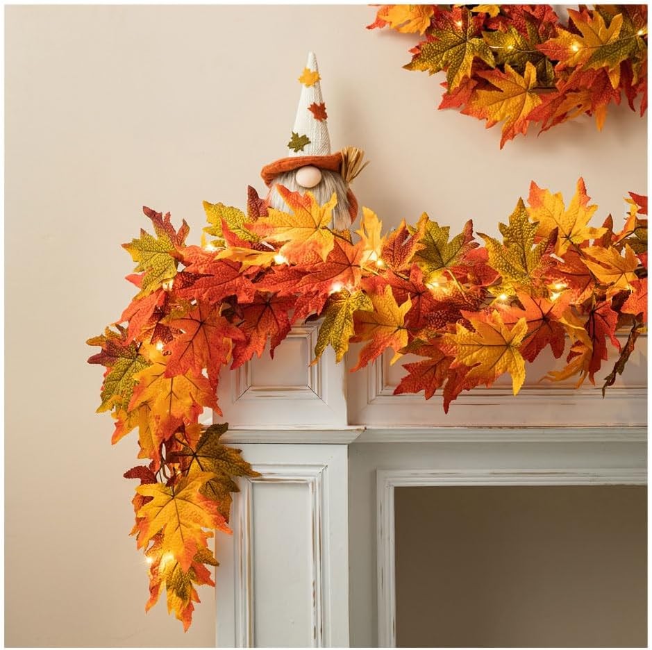 Glitzhome 6 ft Fall Maple Leaves Garland, Lighted Autumn Garlands ...