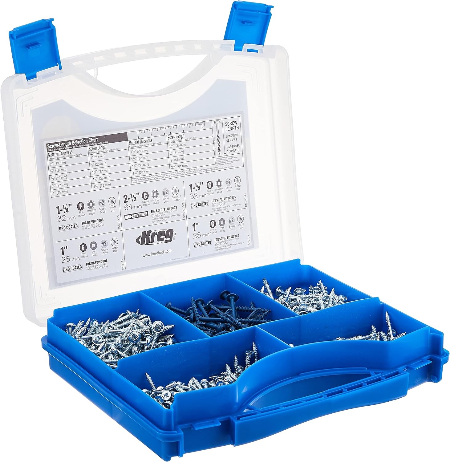 Kreg SK03 Pocket-Hole Screw Kit – 5 Sizes, 600 Screws, Fine & Coarse Threads, Weather-Resistant Options