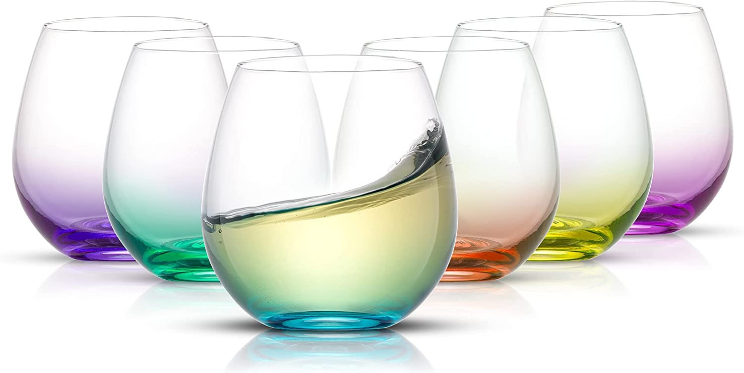 JoyJolt HUE Stemless Wine Glass Set. Large 15 oz Stemless Wine Glasses