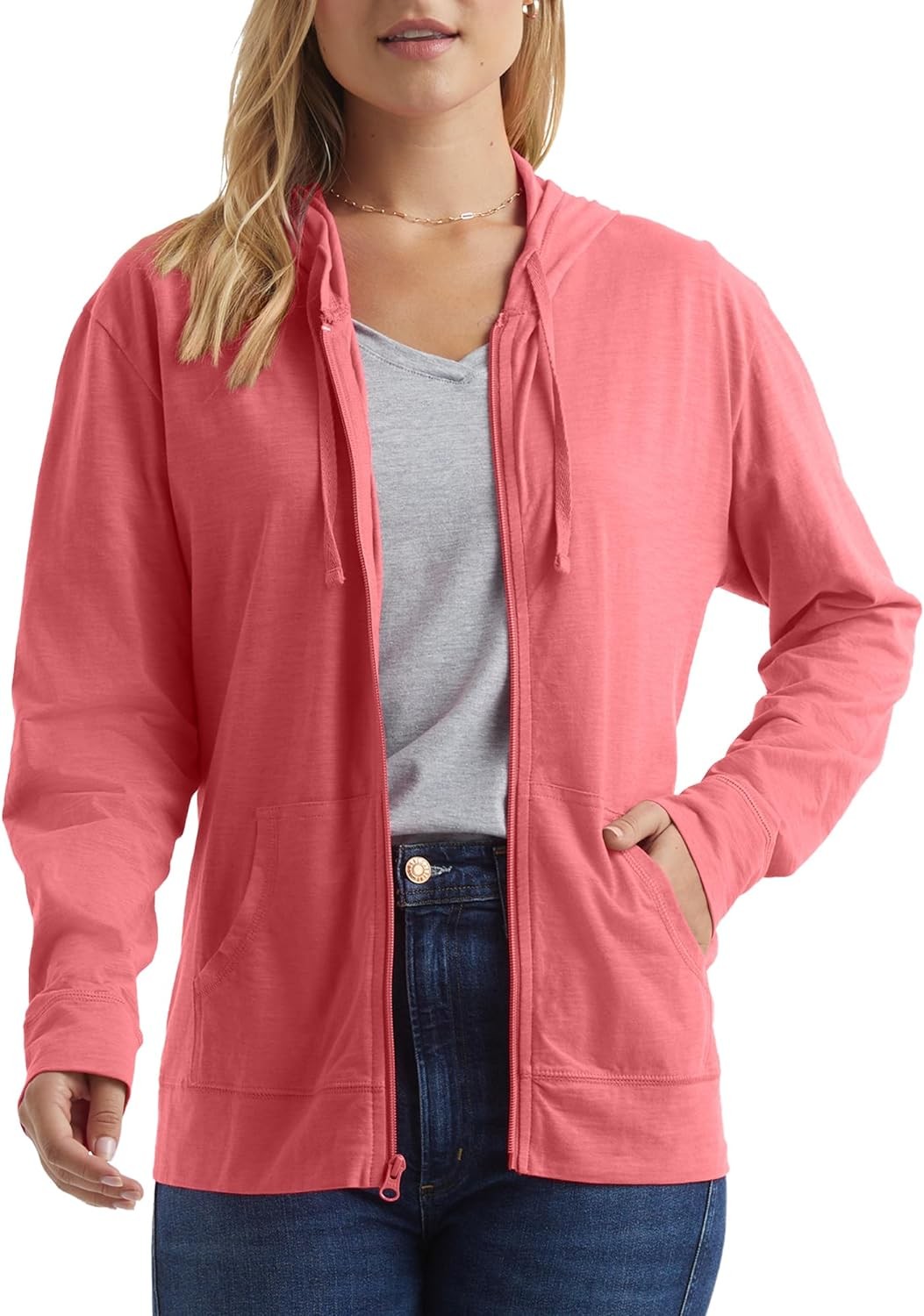 Hanes Women’s Slub Knit FullZip Hoodie, Textured Cotton ZipUp TShirt