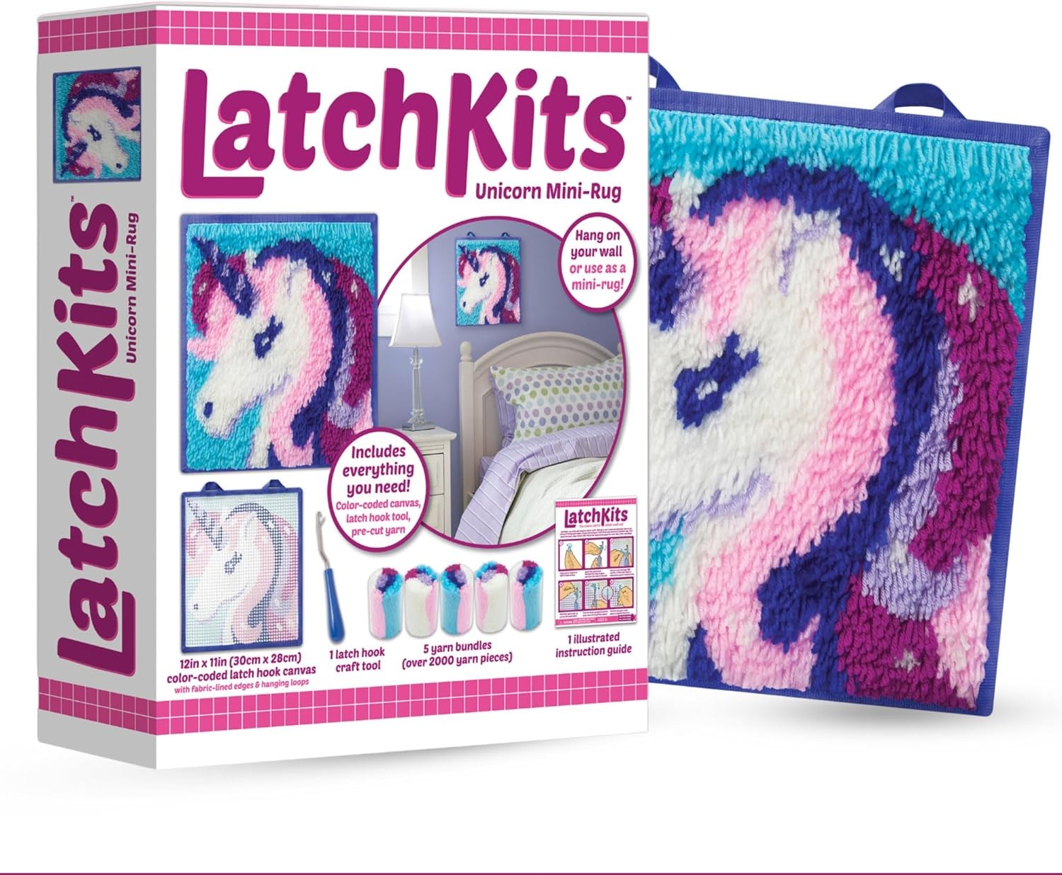 LatchKits Latch Hook Kit for Wall Hangings & MiniRugs Unicorn Craft Kit with Easy, Color
