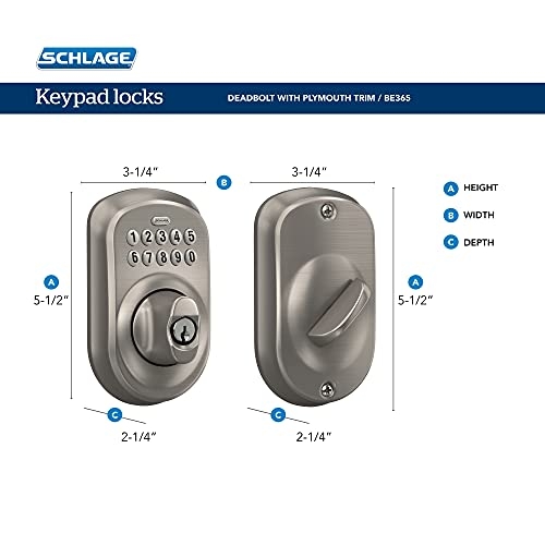 Schlage BE365 V PLY 609 Plymouth Keypad Deadbolt, Electronic Keyless Entry Lock, Antique Brass