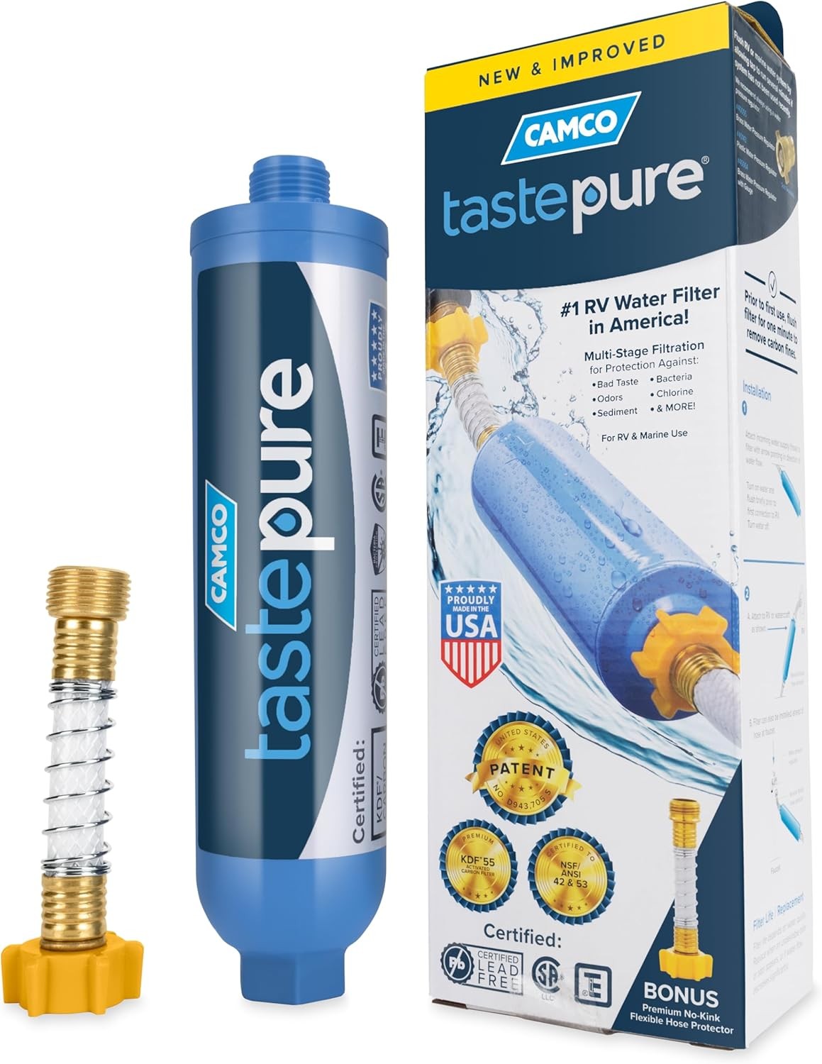 Filtre à Eau Camco Tastepure - GAC, 20 Microns, KDF, Protection Anti-bactéries - Pour Camping-car, Bateau, Jardin