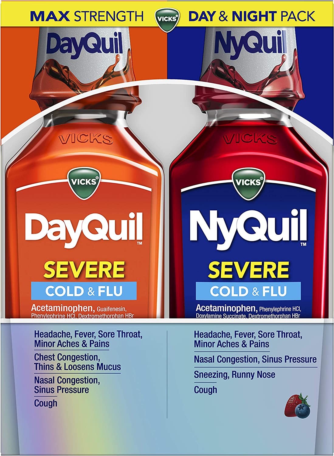Vicks DayQuil and NyQuil SEVERE Cold & Flu Berry Liquid Medicine, Max