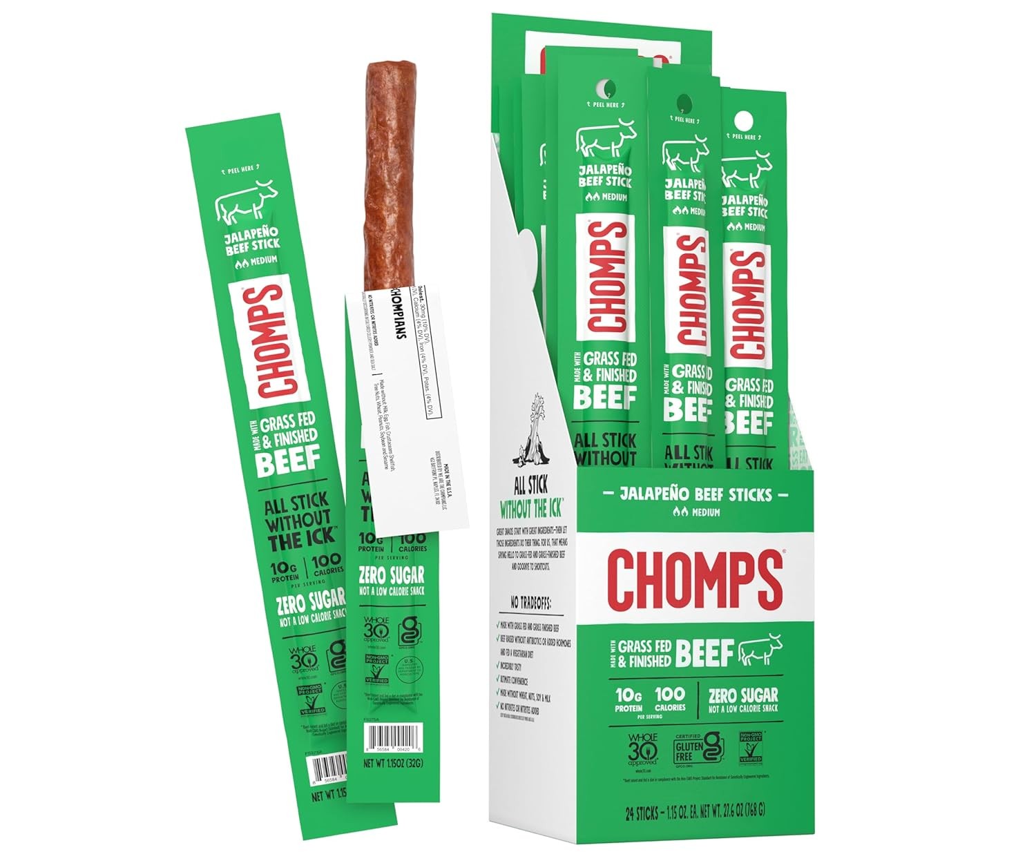 Chomps Grass Fed Jalapeno Beef Jerky Snack Sticks Keto And Paleo