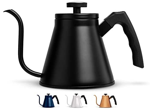 Kook Stovetop Gooseneck Kettle with Thermometer, 3 Ply Stainless Steel  Base, 27 oz, Black