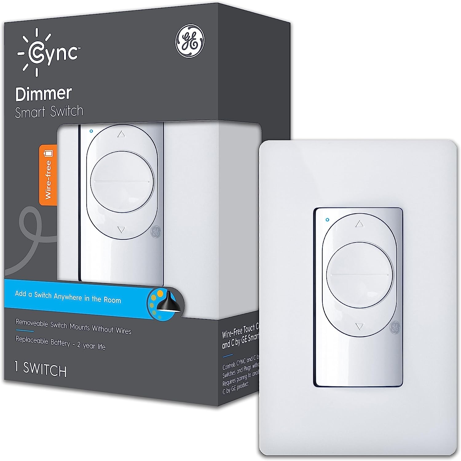 GE CYNC Smart Dimmer Light Switch, WireFree, BatteryPowered