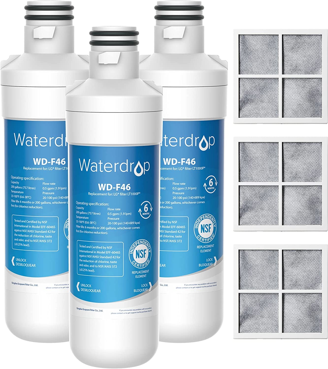 Waterdrop LT1000PC ADQ747935 Refrigerator Water Filter and Air Filter