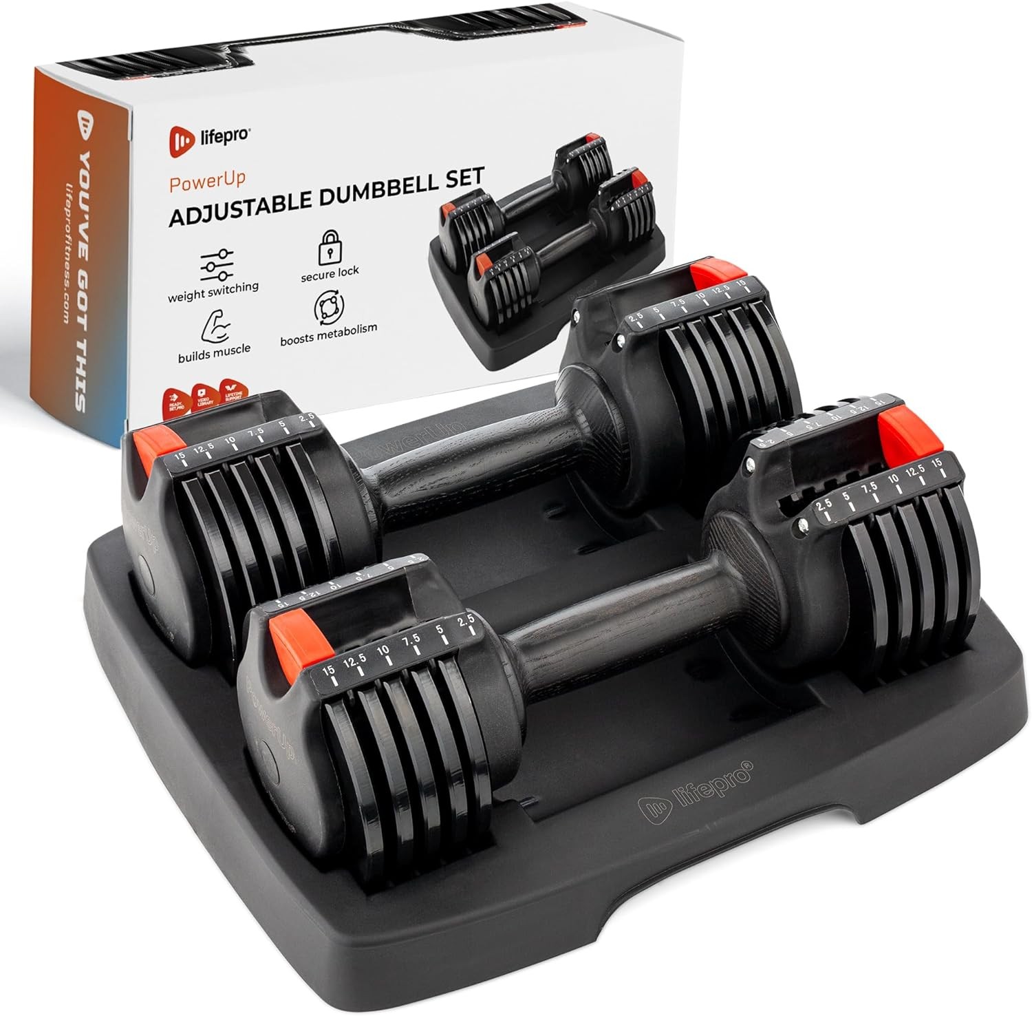Lifepro 15lb Adjustable Free Weights Dumbbell Sets with Rack For Strength Training, Set Of 2 For