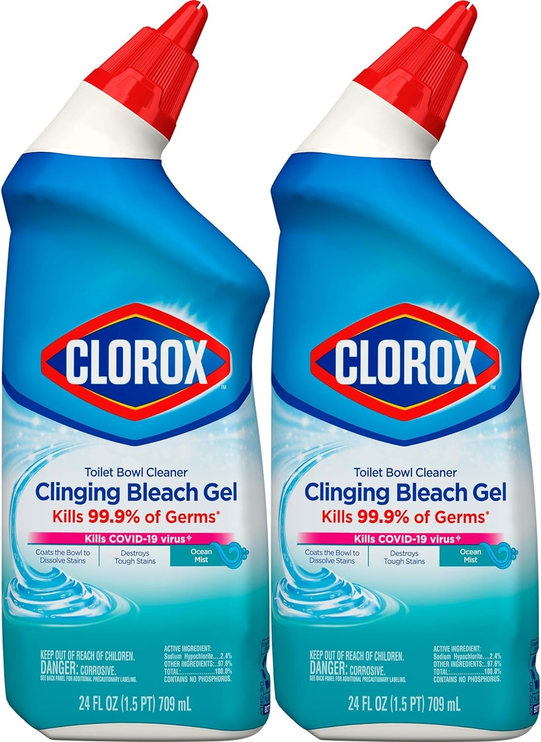 Clorox Toilet Bowl Cleaner, Clinging Bleach Gel, Ocean Mist 24 Ounces
