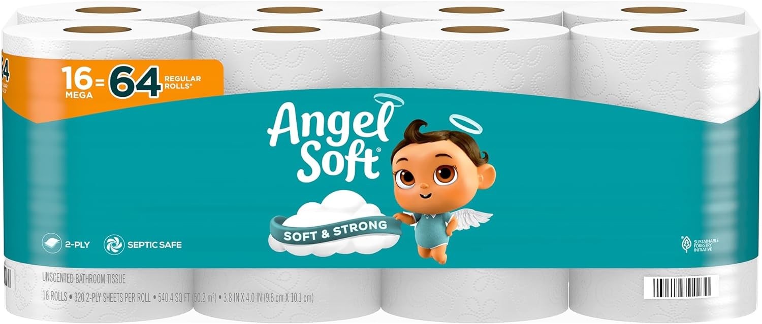 Angel Soft Toilet Paper, 16 Mega Rolls = 64 Regular Rolls, Soft and