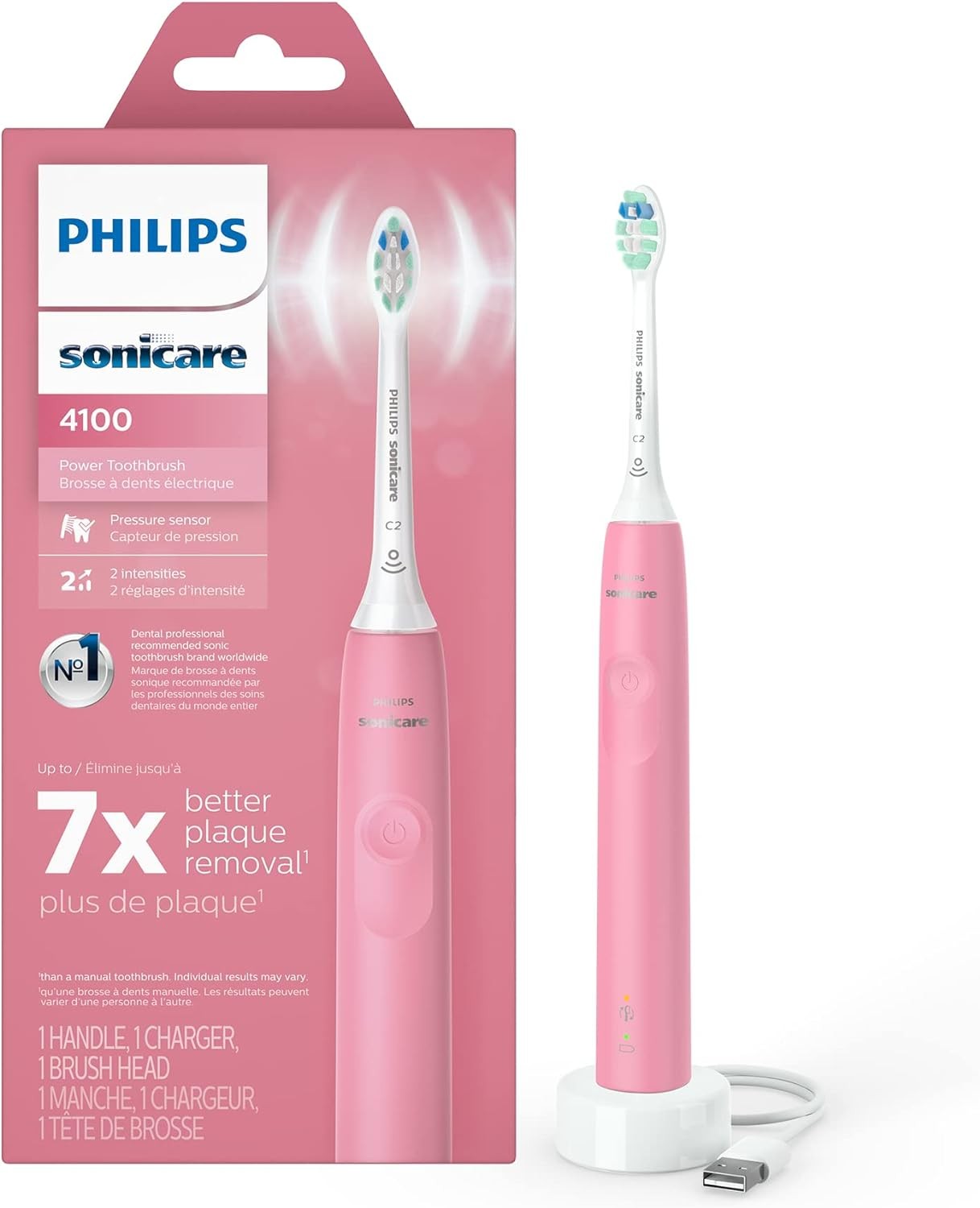 Philips Sonicare 4100 Rechargeable Electric Toothbrush, with Pressure Sensor, 2 Intensity Settings, SmarTimer and QuadPacer, 14-Day Battery Life, Deep Pink, Model HX3681/26 main image 1