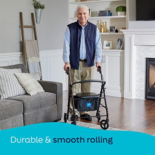 Medline Foldable Steel Rollator Walker with Seat & 6” Wheels Stand Up