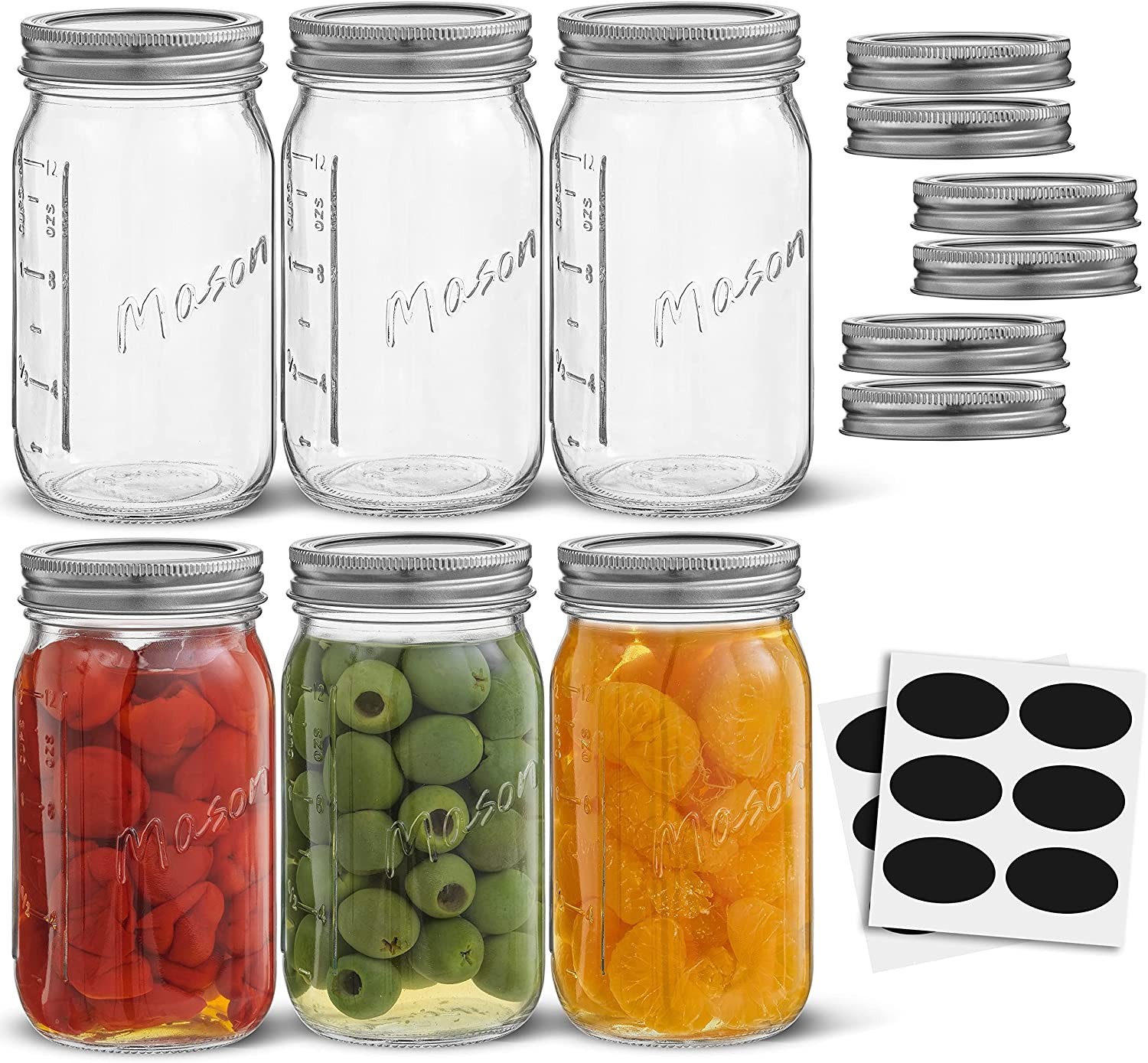 16 Oz Mason Jars With Lids, Labels and Measures! 6Pack Regular Mouth