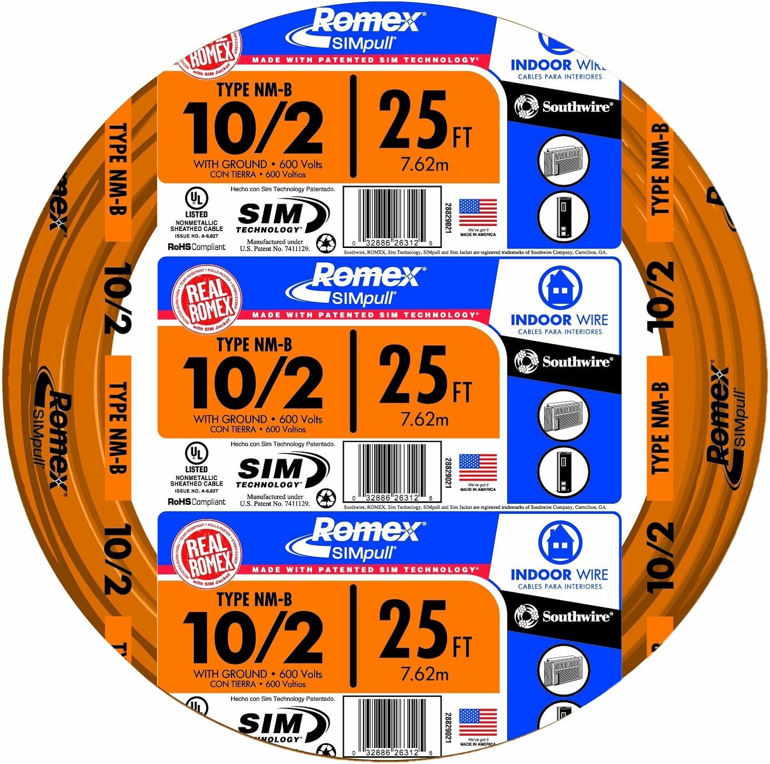 Southwire Romex Brand Simpull Solid Indoor 10/2 W/G NMB Cable 25ft coil